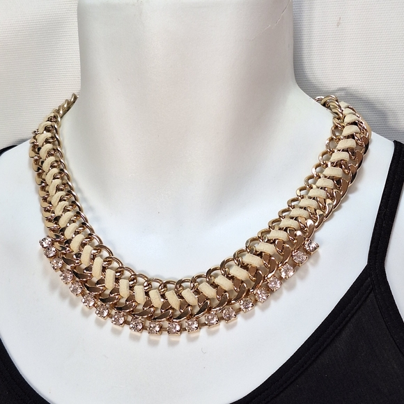 Gold Tone Chain Leather Crystal Rhinestone Chunky Necklace - Picture 1 of 9